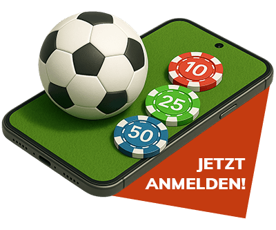 smartphone mit fussball und poker chips zur anmeldung